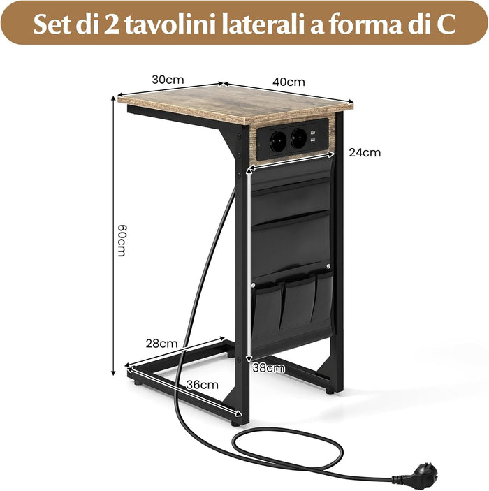 Set di 2 Tavolini a Forma di C, Tavolino da Divano e Letto in Metallo con 2 Prese Elettriche, 2 Porte USB e Tasca Laterale, Comodino per Piccoli Spazi, Salotto e Camera da Letto