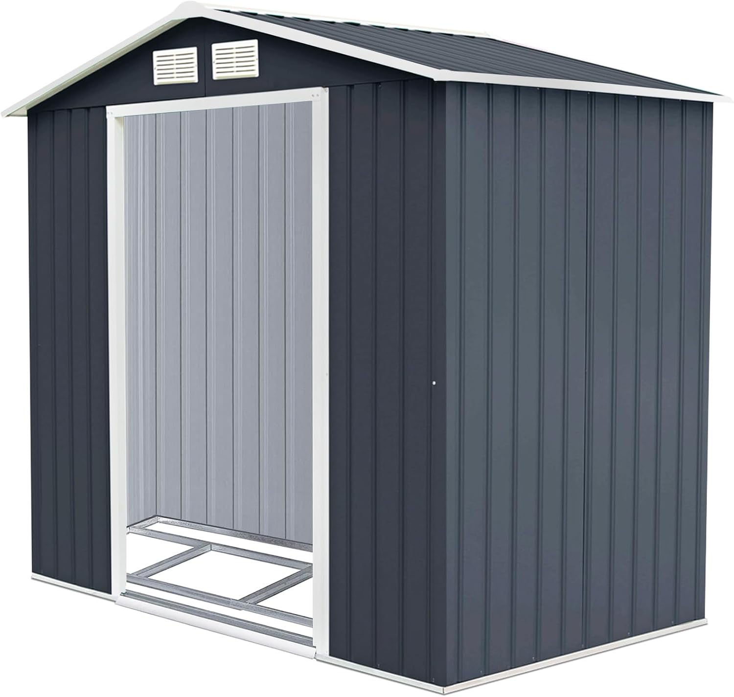 Casetta da Giardino in Acciaio 2,7㎡, con Base, Porte Scorrevoli, Maniglie, Sfoghi e Tettoia, Capanno da Esterno per Giardino, Fattoria e Cortile, 213 x 127 x 185 cm (Grigio Scuro)