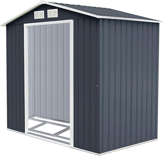 Casetta da Giardino in Acciaio 2,7㎡, con Base, Porte Scorrevoli, Maniglie, Sfoghi e Tettoia, Capanno da Esterno per Giardino, Fattoria e Cortile, 213 x 127 x 185 cm (Grigio Scuro)