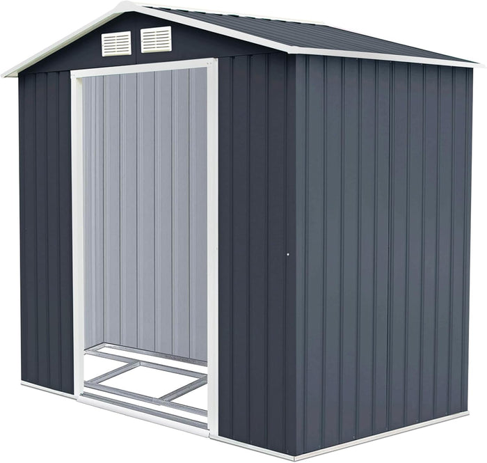 Casetta da Giardino in Acciaio 2,7㎡, con Base, Porte Scorrevoli, Maniglie, Sfoghi e Tettoia, Capanno da Esterno per Giardino, Fattoria e Cortile, 213 x 127 x 185 cm (Grigio Scuro)