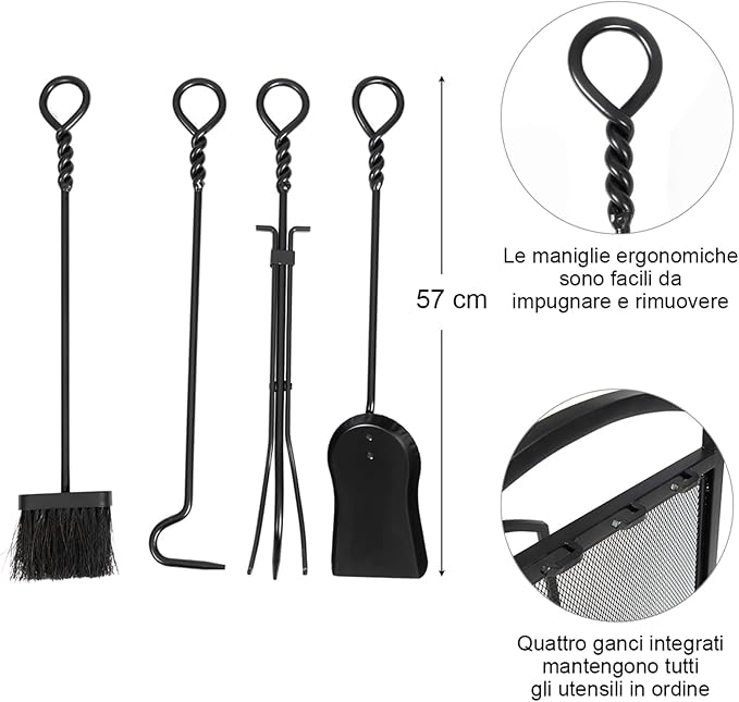 Porta Legna per Interni con 4 Attrezzi, Porta Legna per Camino di Metallo con Pala, Attizzatoio, Pinza, Scopa, Porta Legna da Ardere per Camino, Stufe e Braciere (43,5 x 39,5 x 69,5 cm)