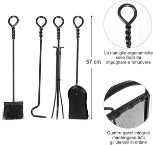 Porta Legna per Interni con 4 Attrezzi, Porta Legna per Camino di Metallo con Pala, Attizzatoio, Pinza, Scopa, Porta Legna da Ardere per Camino, Stufe e Braciere (43,5 x 39,5 x 69,5 cm)