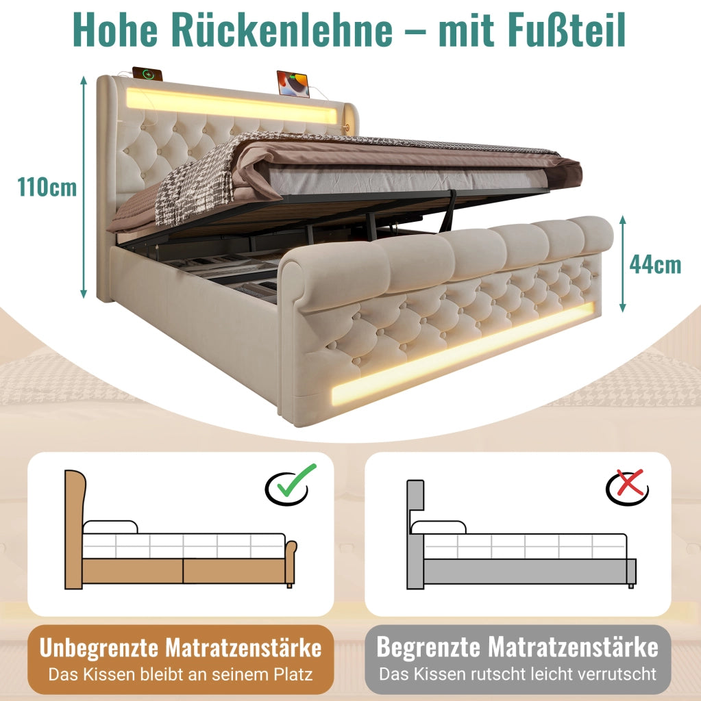 Letto imbottito con LED e ricarica integrata, 140 x 190 cm, beige