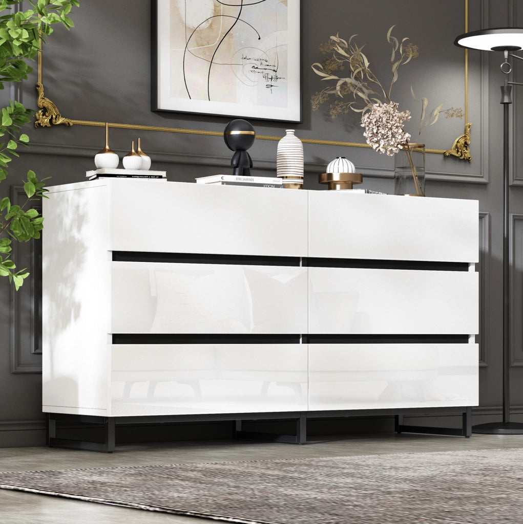 Credenza soggiorno 140 cm con 6 cassetti bianco e nero