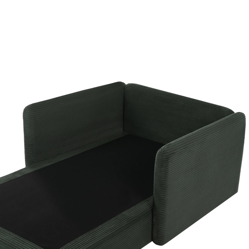 Chaise longue in velluto a coste verde scuro, imbottita con cuscini, design moderno