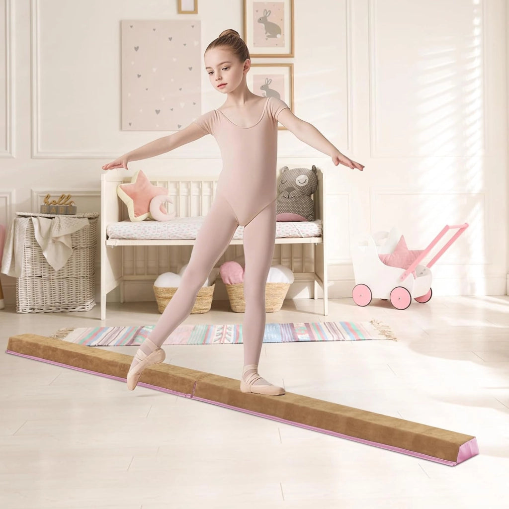 Trave da Ginnastica per Bambini Pieghevole 240 cm, Trave di Equilibrio Portatile conSuperficie in Pelle Scamosciata e Schiuma Morbida, Attrezzatura per Ginnastica a Casa