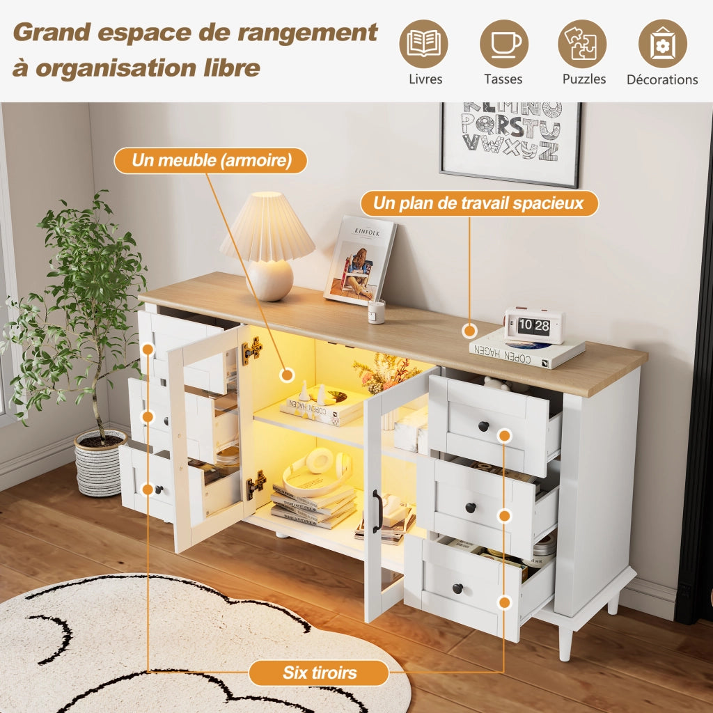 Credenza con 2 ante in acrilico; 6 cassetti e LED - per soggiorno - in MDF - 150 x 40 x 75 cm