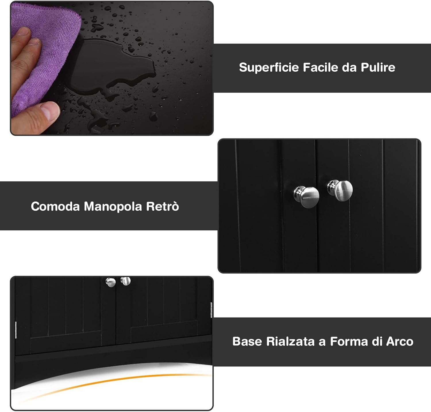 Armadietto del bagno con cassetto e mensola, armadio con 2 mensole aperte e 2 ante, armadietto per cucina, ingresso, salone e camera da letto, armadietto in legno (nero)