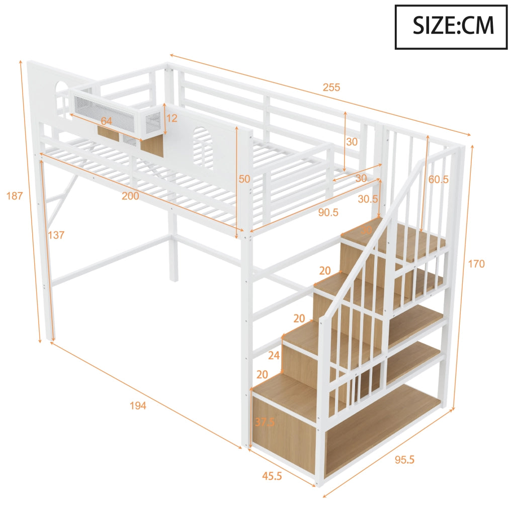Letto a soppalco 90x200 cm con scala contenitore; finestra decorativa; mensola e LED; struttura in metallo bianco e legno