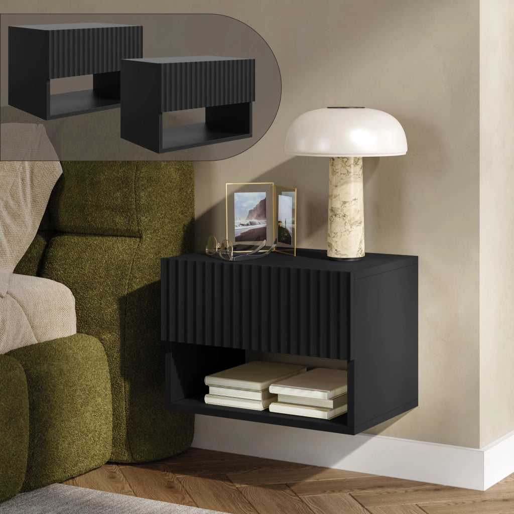 Set di 2 Comodini Sospesi da Parete Nand con Cassetto e Scomparto 42x30x30 cm Nero [en.casa]