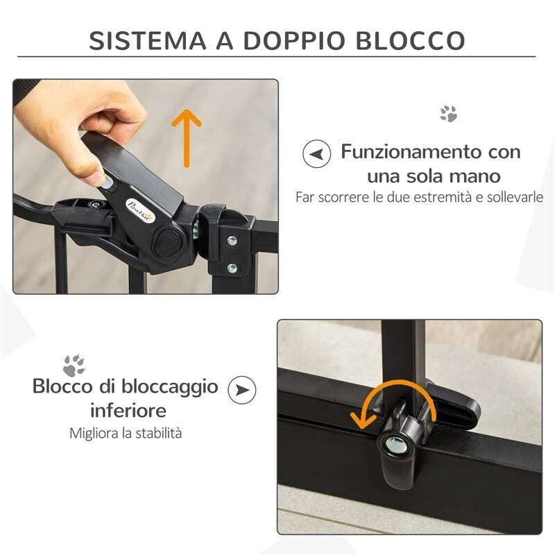 CANCELLINO PER CANI REGOLABILE ALTO CON PORTA PICCOLA E CHIUSURA AUTOMATICA, 74-80X104CM, NERO