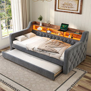 Letto estraibile 90 × 190 cm con contenitore, USB Type-C e LED regolabile, senza materasso, in velluto grigio scuro