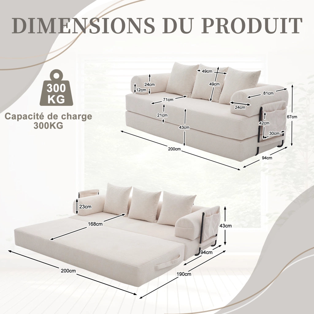 Divano Modulare con Tasca Laterale e 3 Cuscini in Velluto a Coste Beige 200 × 94 × 67 cm
