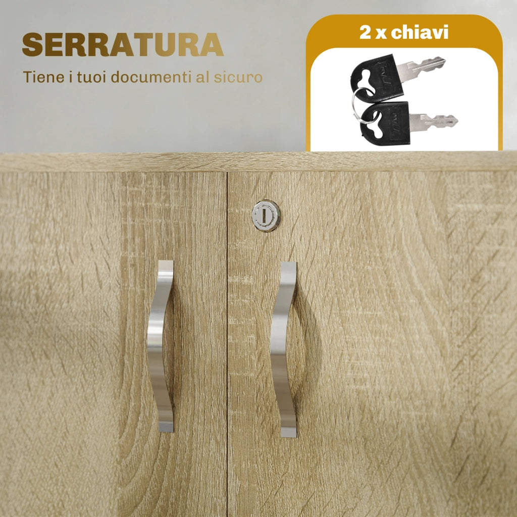 Armadietto da Ufficio Multiuso 2 Ante 80x40x80 cm con Serratura Rivestimento in Melamina Rovere