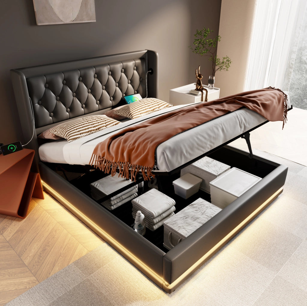 Letto contenitore 180x200 cm in PU nero con LED e porte USB/Type-C