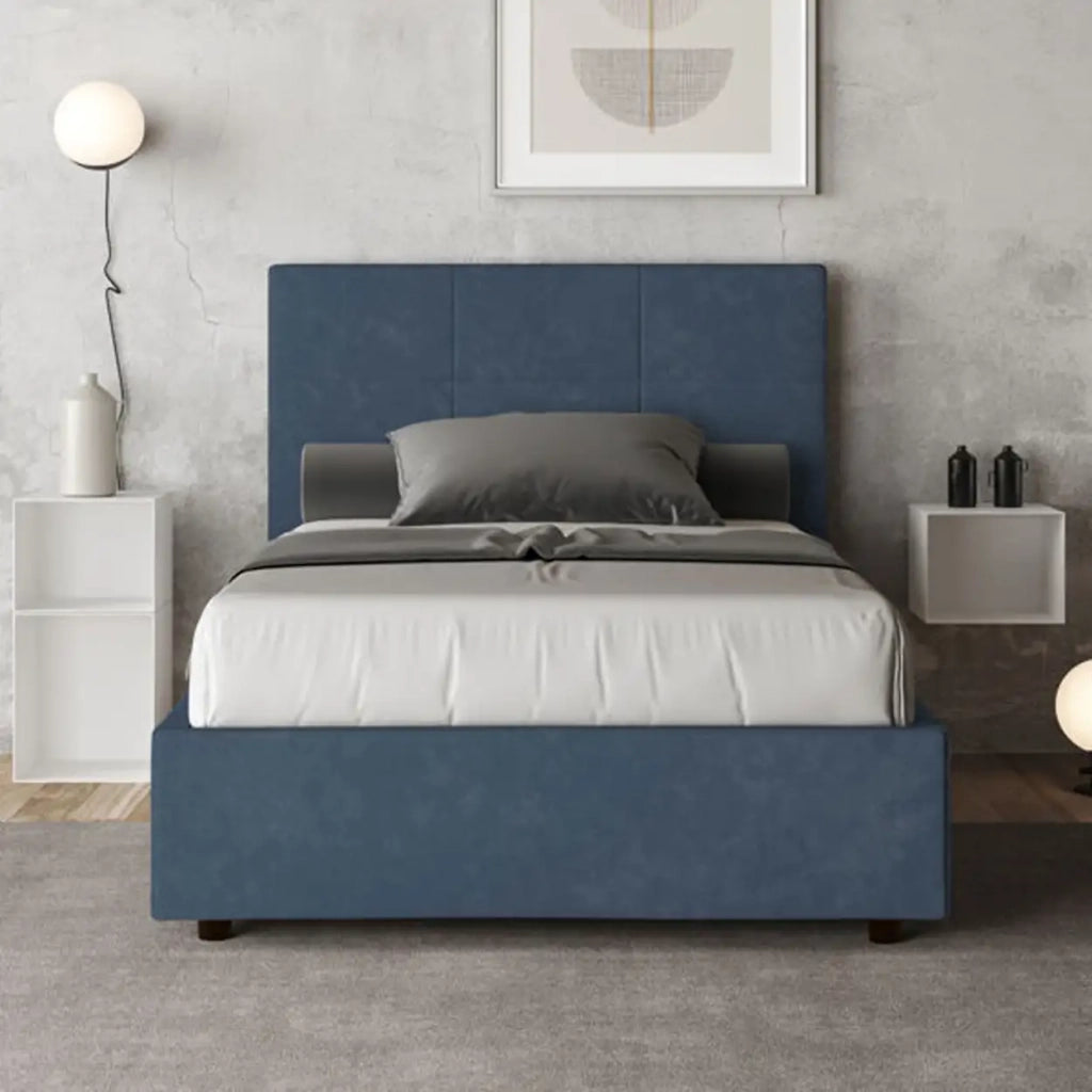 Letto una piazza e mezza senza rete imbottito 120x210 microfibra blu Mika