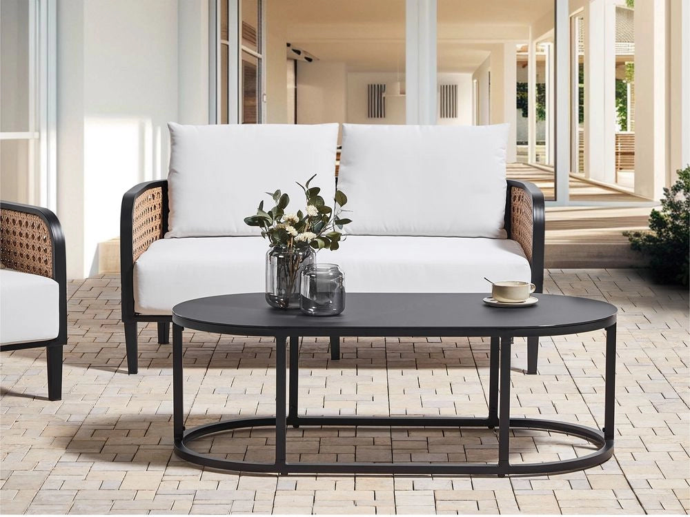 Divano da giardino a 2 posti in metallo e alluminio con spessi cuscini idrorepellenti bianco sporco esterno patio stile moderno