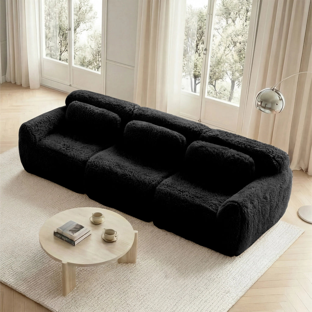 Divano Modulare 3 Posti Senza Montaggio con Cuscini; Base Antiscivolo; Comfort Ergonomico in Peluche Nero