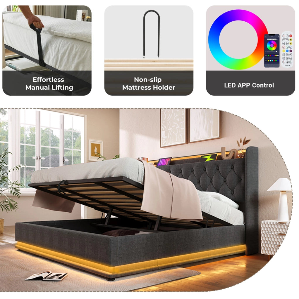 Letto contenitore 140x190 cm grigio con LED 360° e USB-C