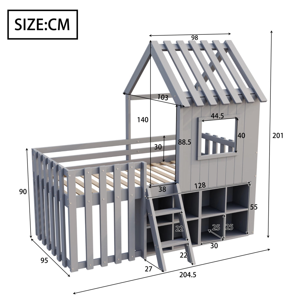 LETTO Casetta 90x200 cm Legno massello Grigio