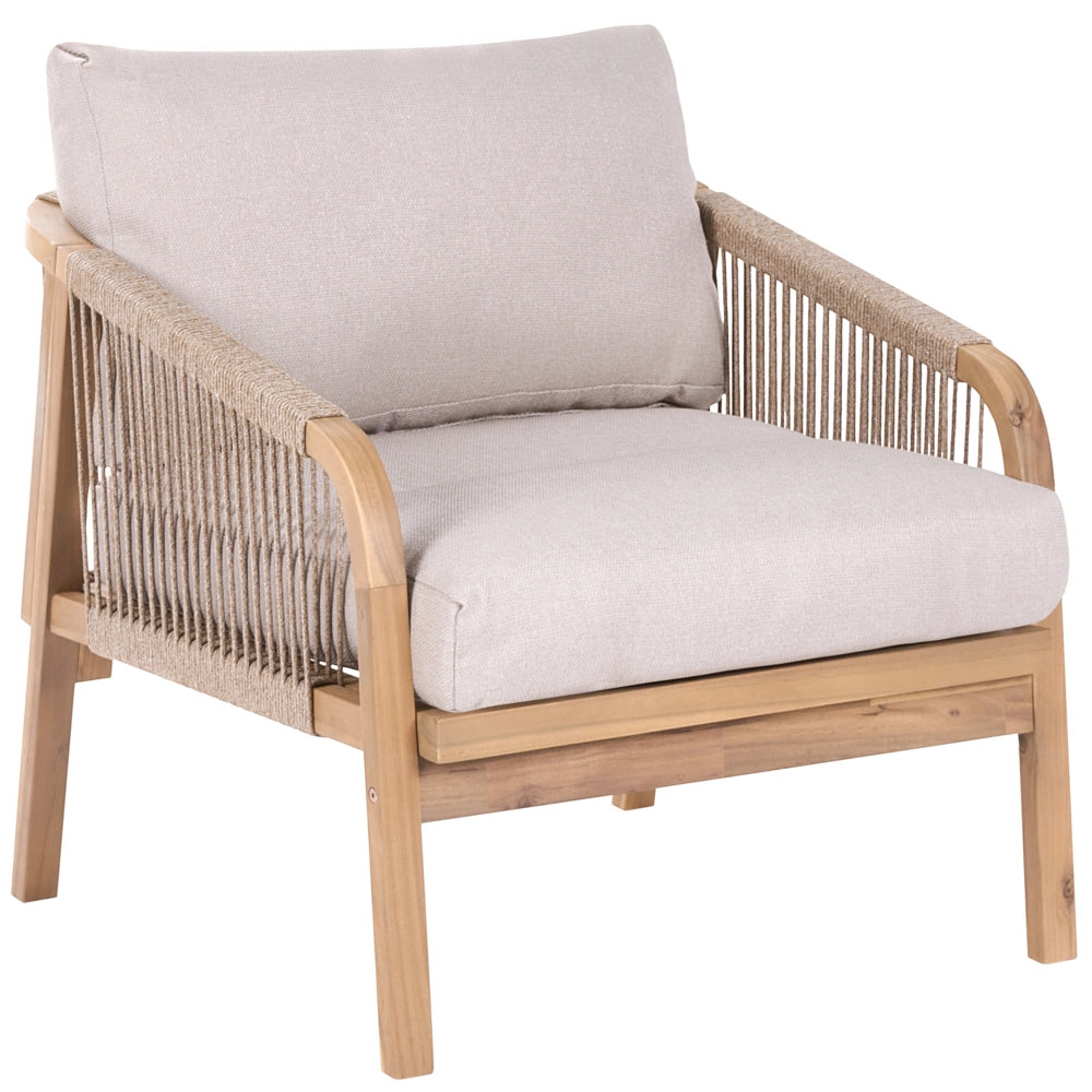 Poltrona da giardino con poggiapiedi in legno di acacia chiaro e cuscini beige chiaro, per interni ed esterni, design moderno