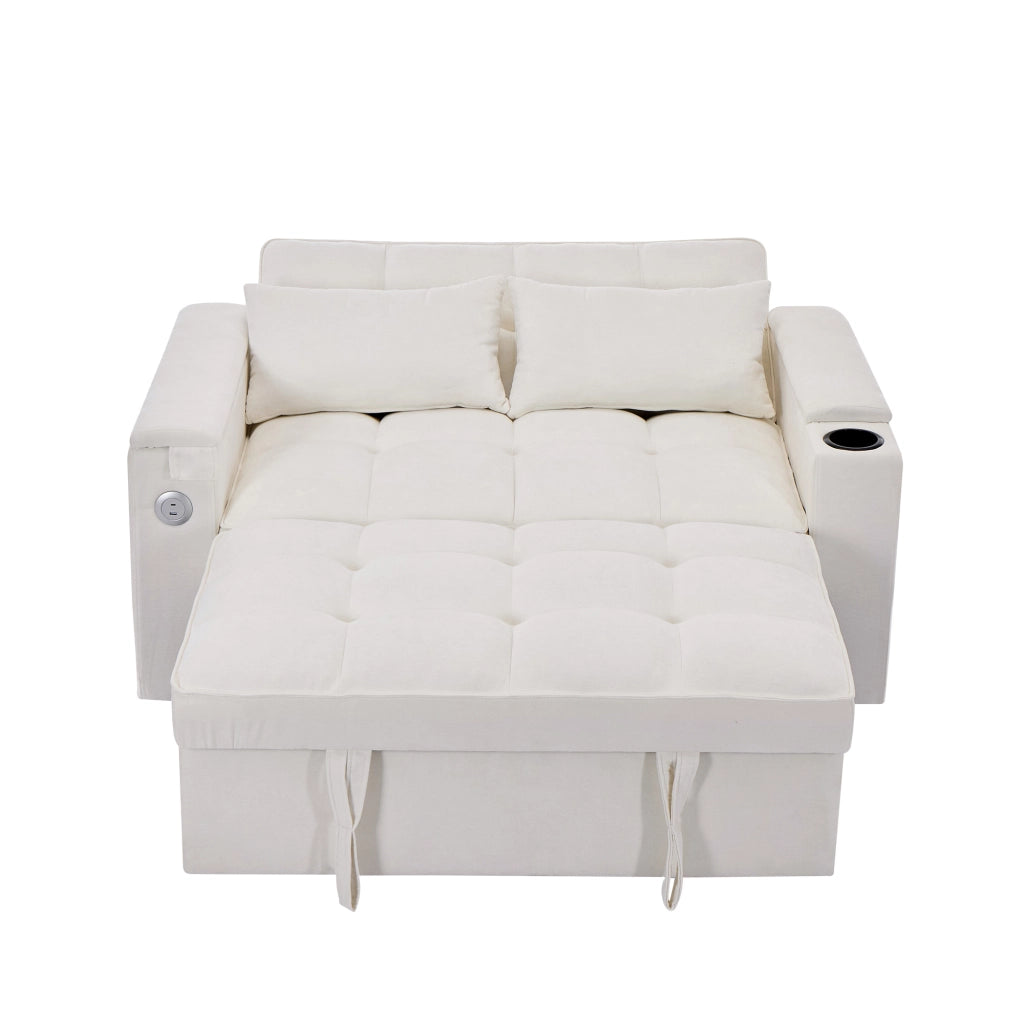 Divano letto convertibile con schienale regolabile porta USB tavolino nascosto e portabicchieri in tessuto beige