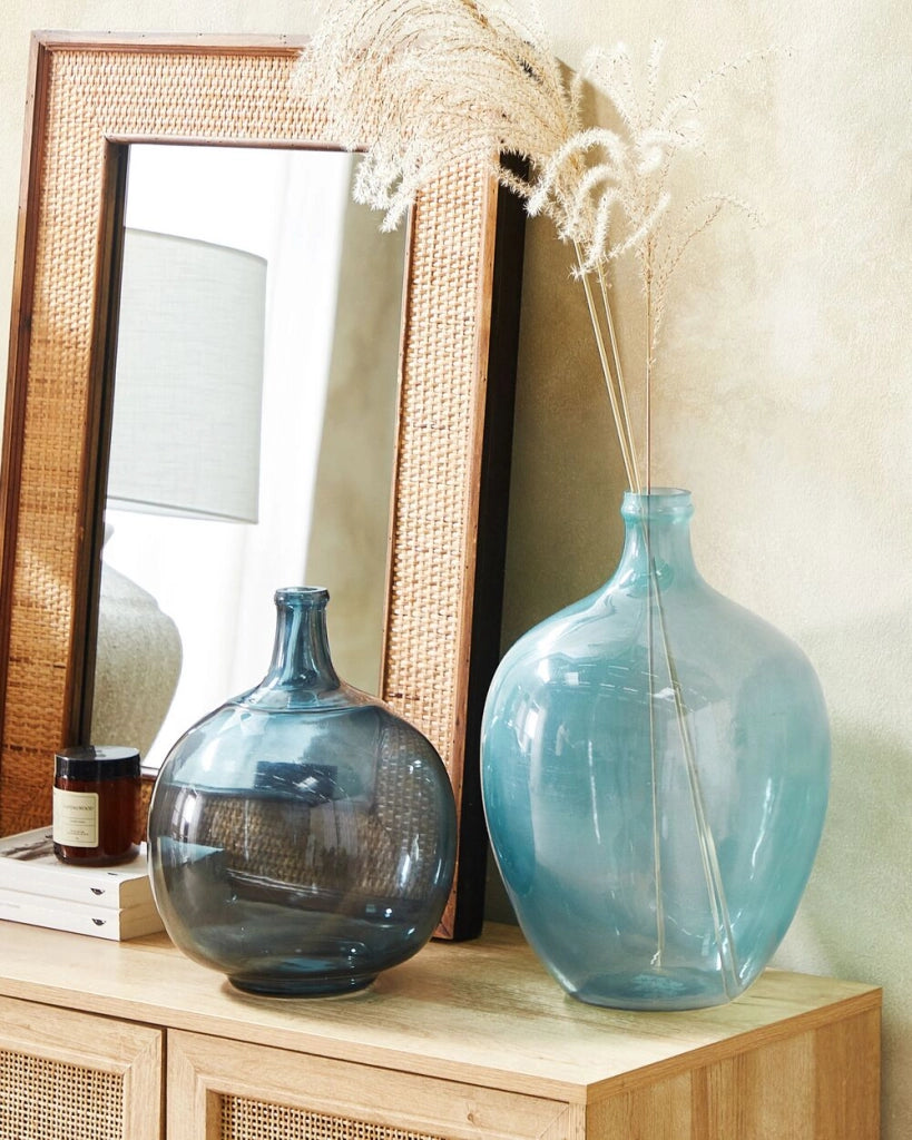 Vaso decorativo in vetro azzurro 39 cm decorativo fatto a mano rotondo a forma di bocciolo da tavolo Decorazione per la casa Design moderno