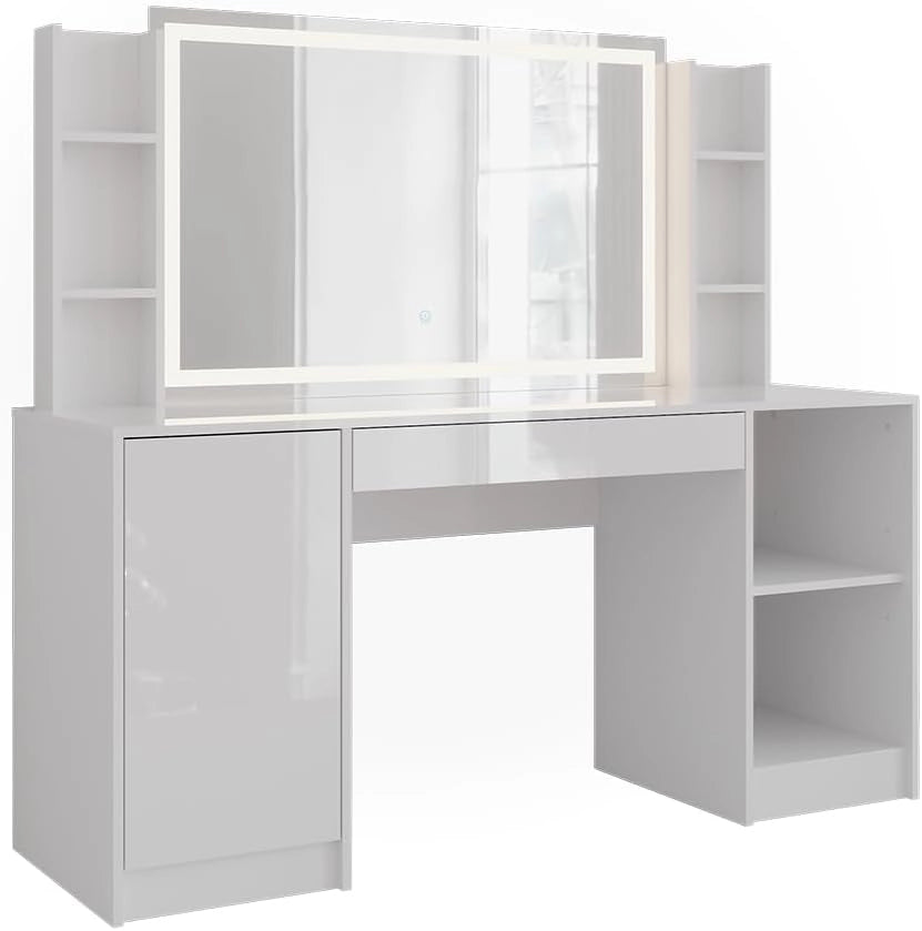 Tavolo da toeletta Sherry, Bianco/bianco lucido, 158.2 cm 4 parti, con illuminazione LED e specchio regolabile in altezza