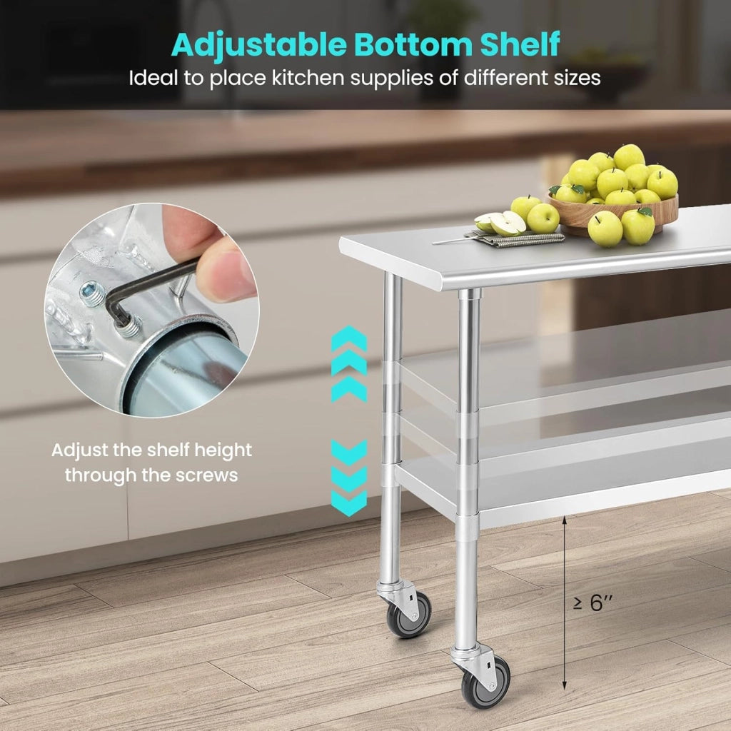 Tavolo in acciaio inox con ruote universali, carrello da lavoro con ampio piano e ripiano inferiore regolabile, tavolo di preparazione in metallo mobile per cucina, ristorante, NF88931ES