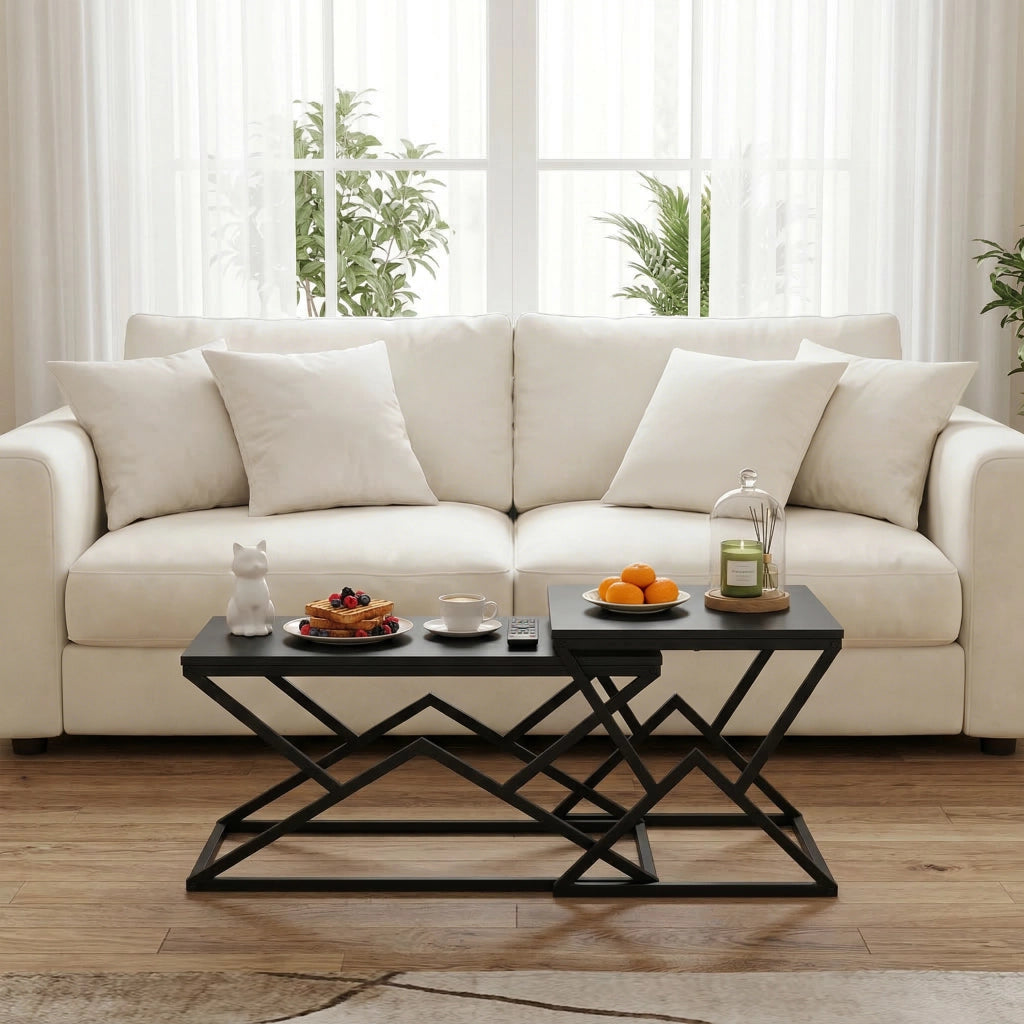 Tavolino basso geometrico in truciolare e metallo nero con ripiano a più livelli per soggiorno 80 × 50 × 40 cm