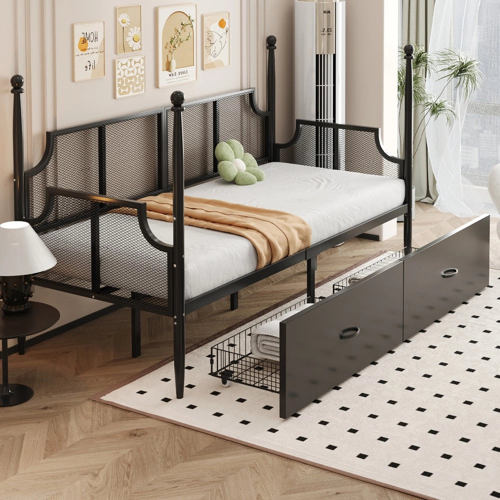 Letto Singolo in Metallo con Struttura a Colonne e Rete ¨C MINIMAL ¨C Nero 90x200