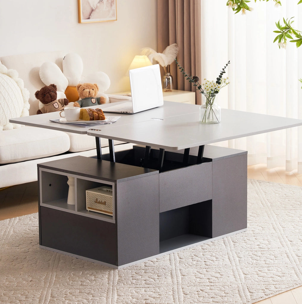Tavolino da salotto sollevabile 100x51x47 cm in truciolare grigio con 2 cassetti