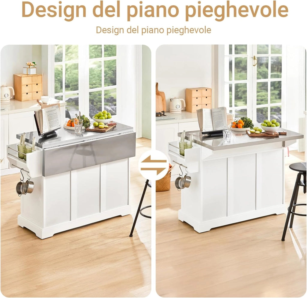 isola cucina piano lavoro in acciaio inox anti-impronta carrello da cucina con ruote mobile cucina con 3 cassetti Bianco 130x91x(46-71) cm FKW41-ST