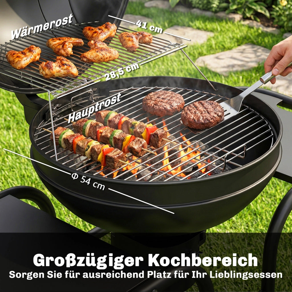 Grill BBQ Smoker con Tavolini Laterali Coperchio e Ruote ¨C zephmum ¨C Grigio 129x63.5x106.5 cm