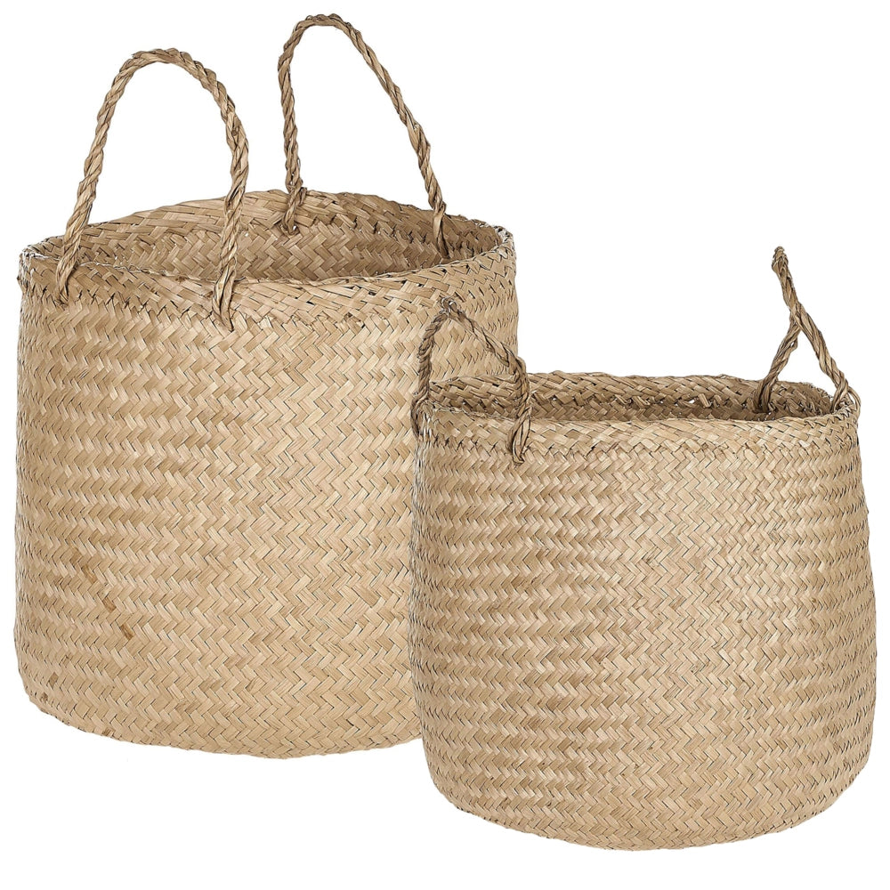 Set di 2 cestini in seagrass naturale con manici intrecciati a mano Decorazione di accessori per la casa in stile bohémien