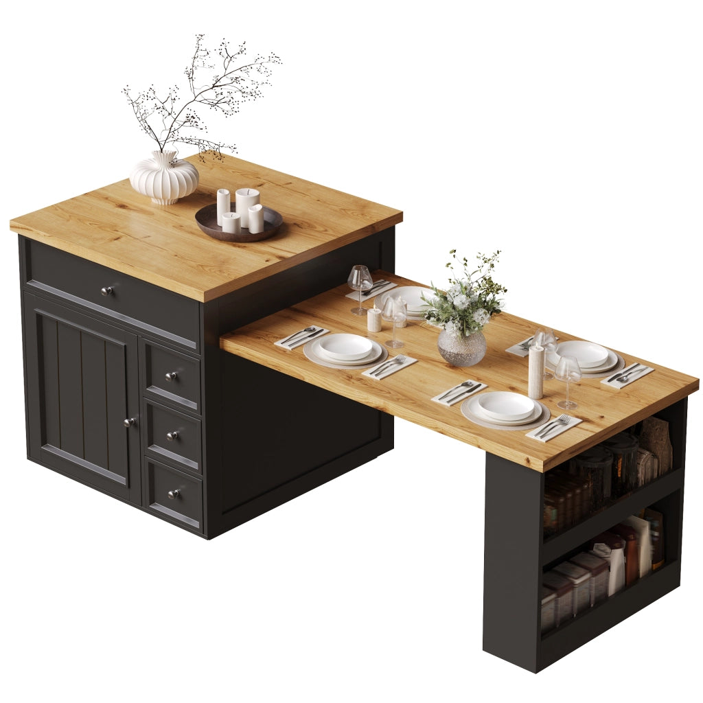 Isola Cucina Allungabile con Cassetti e Ruote ¨C MINIMAL ¨C Piano Effetto Legno, Nero, 120-184 cm
