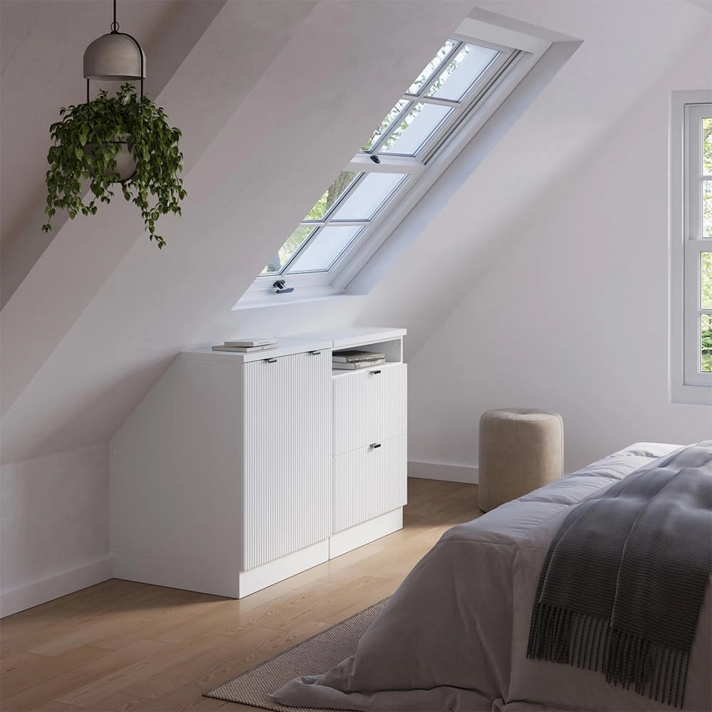 Set di mobili sottotetto Rion, Ondulazione bianca, 120 cm Set di 2 carcasse armadio profondità 60 cm, adatto per il salvaspazio sotto tetti spioventi