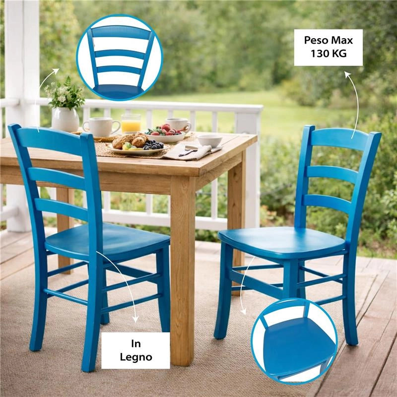 SET 2 SEDIE PAESANA IN LEGNO CON SEDUTA COMPATTA E SCHIENALE ALTO H 87 X L 45 X P 40 CM COLORE AZZURRO