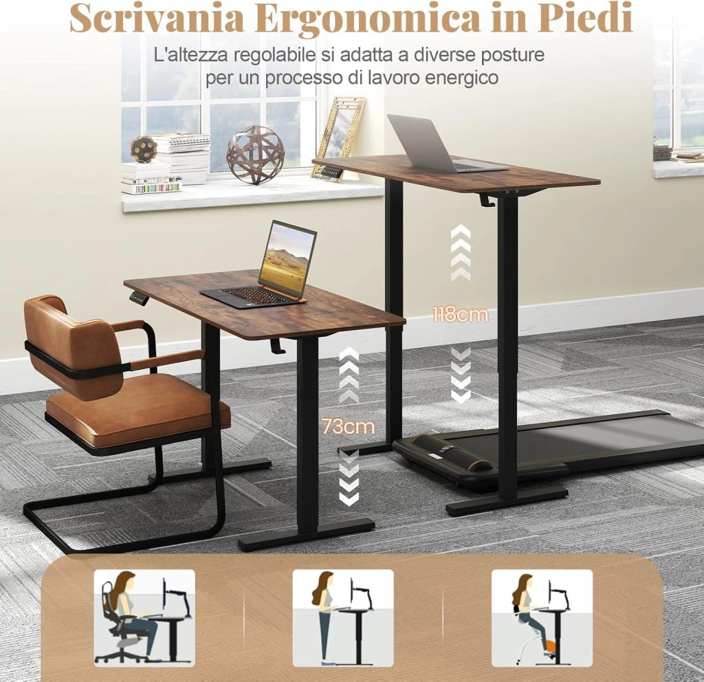 Scrivania Elettrica Ergonomica 120 x 60 cm, 3 Memorie di Altezza, Protezione Anti-Collisione e Gancio per Cuffie, Scrivania Regolabile in Altezza per Ufficio e Casa (Marrone)