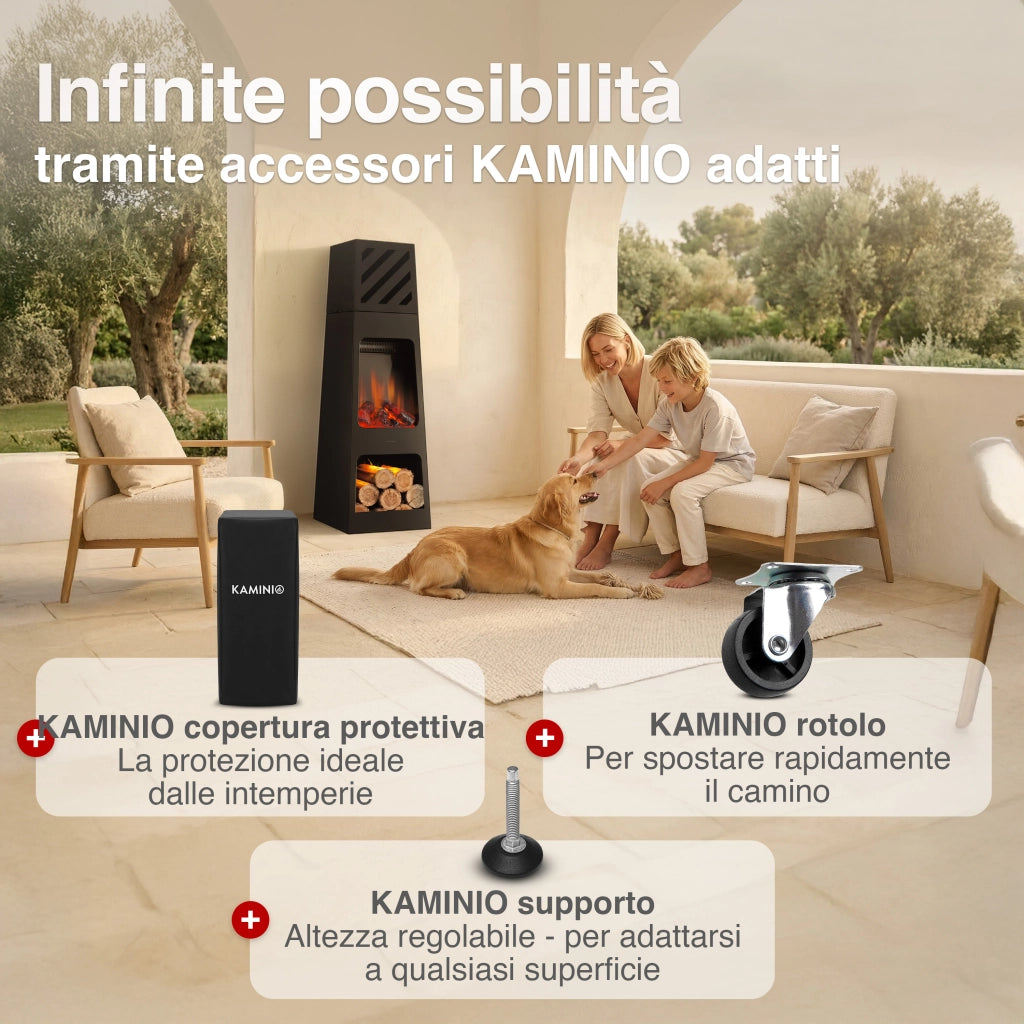 KAMINIO Caminetto elettrico da giardino KAI XL - Stufa de terrazzo  elettrico con riscaldamento, effetto fiamma 3D, luce ambiente a LED, scomparto de legno, telecomando - X-Large, Nero