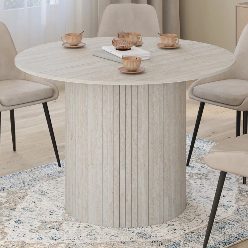 IDMarket - Tavolo da pranzo rotondo per 6 persone JULIETTE con gamba centrale a doghe in stile travertino 110 cm