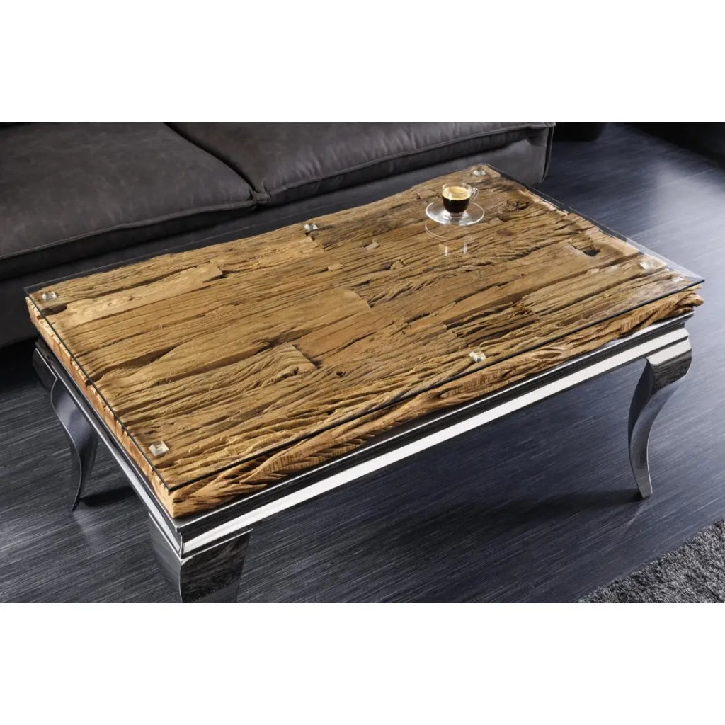 Tavolino basso VELENA 100 cm in teak con vetro temperato – Piedi cromati design barocco