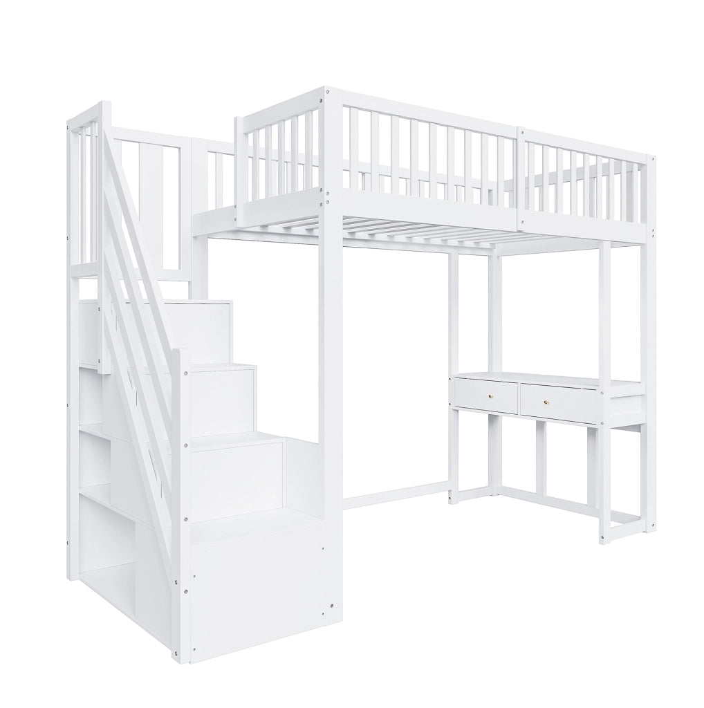 Letto a soppalco 90x200 cm con scrivania e scala contenitore; bianco