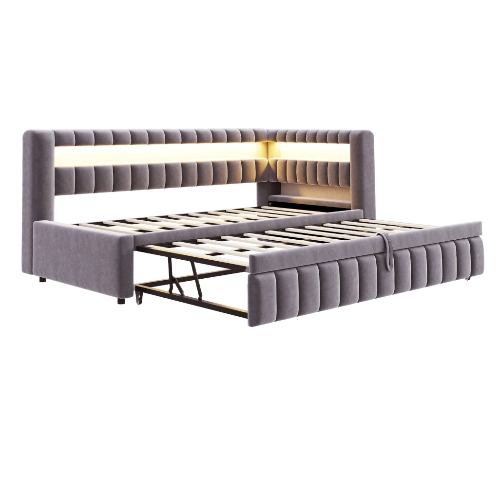 Letto estraibile 90 × 200 cm con illuminazione LED, ripiani, USB e Type-C, senza materasso, grigio