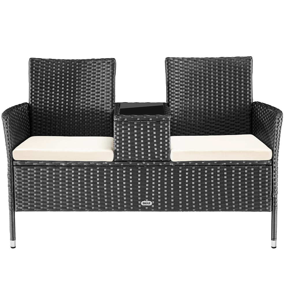 Divano Panca da Giardino Nero in Polyrattan Panchina Divanetto con Ripiano Vetro