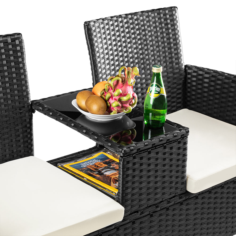 Divano Panca da Giardino Nero in Polyrattan Panchina Divanetto con Ripiano Vetro