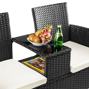 Divano Panca da Giardino Nero in Polyrattan Panchina Divanetto con Ripiano Vetro