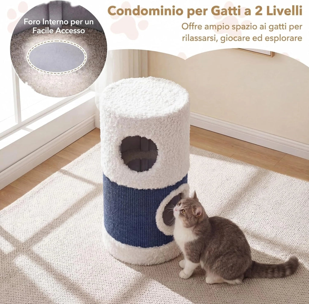 Casa per Gatti da Interno, Cuccia per Catti a 2 Piani con Tappetino in Sisal per Graffiare, Grotta Nascosta, Letto Coperto, Casetta Moderna per Più Gatti, Mobile a Forma di Barile con Anatra