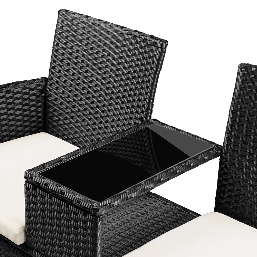 Divano Panca da Giardino Nero in Polyrattan Panchina Divanetto con Ripiano Vetro