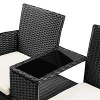 Divano Panca da Giardino Nero in Polyrattan Panchina Divanetto con Ripiano Vetro